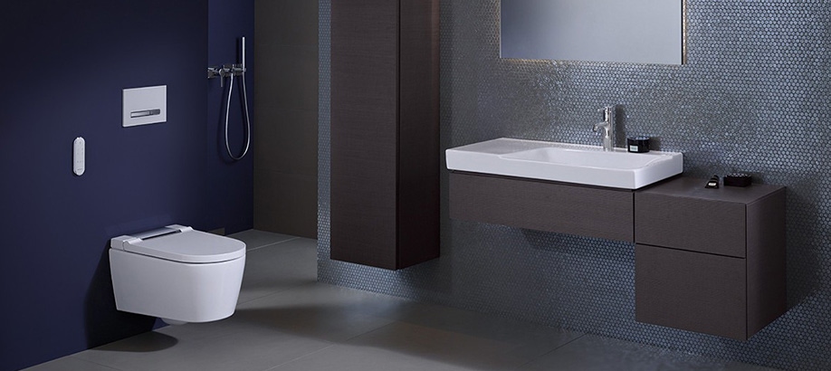 Bagno arredato con sanitari, lavabi e mobili Geberit Smyle