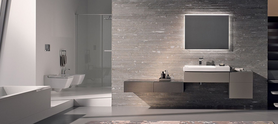 Bagno grigio arredato con sanitari e lavabi Geberit Xeno² 