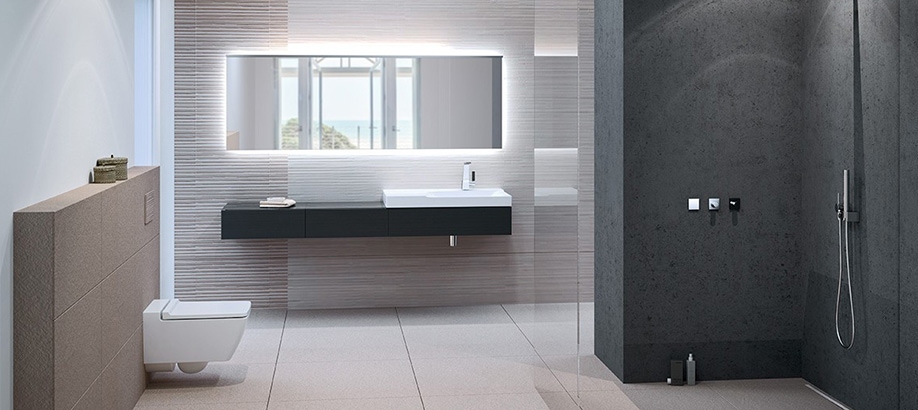 Bagno grigio moderno arredato con serie Geberit Xeno² 