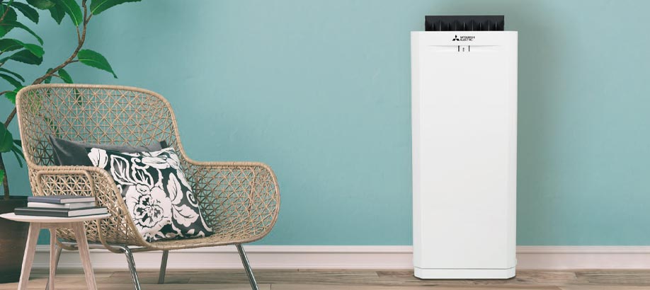 Purificatore d'aria portatili Mitsubishi in un salotto