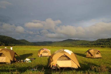 Camp set of sleeping during trekking tour in Cambodia