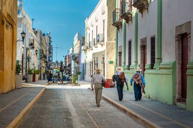 Typical colourful houses in a street of Campeche in Mexico