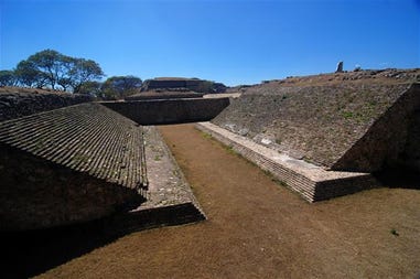 View of the archaeological site in Monte Alban in Oaxaca, a town in Mexico