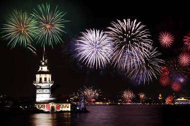 Turkey Istanbul Maiden Tower with fireworks