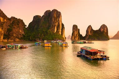 Sea at sunset in Halong Bay in Vietnam