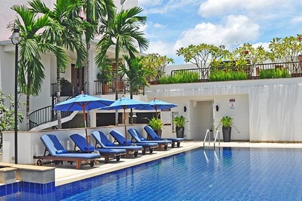 Outside swimming pool of the Tara Angkor in Siem Reap in Cambodia