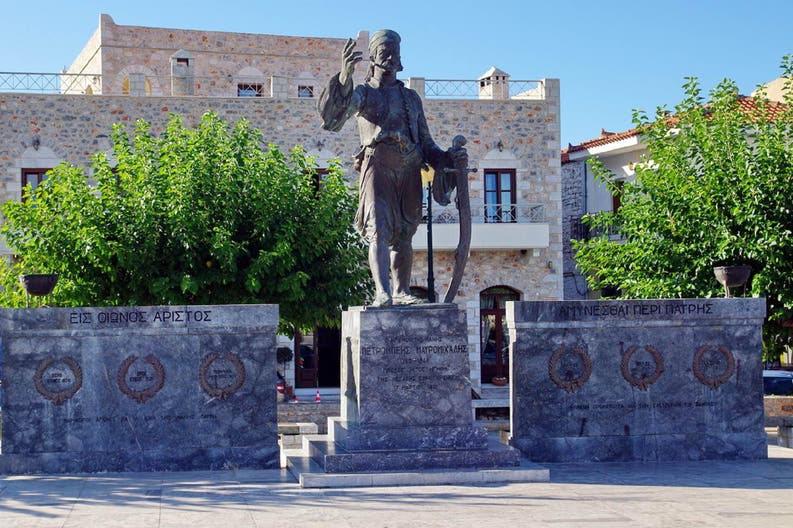 View of the statue of Petrobey Mavromihalis in Aeropoli in Greece