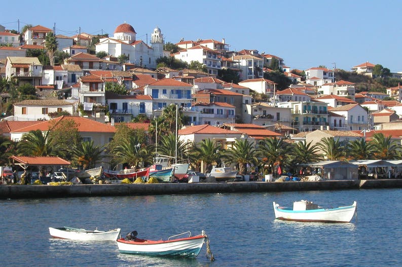 View from the sea of the city of Koroni in Greece