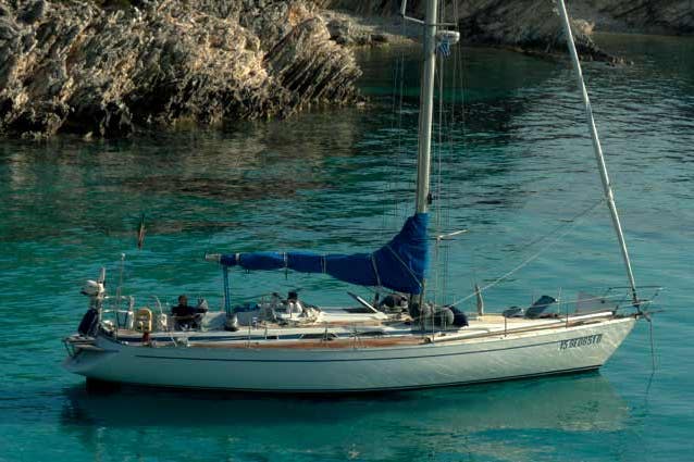 Sailing boat in the amazing sea surrounding the Cyclades in Greece