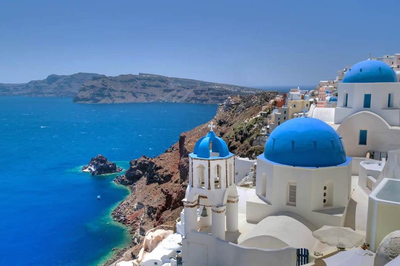 View of the sea and the city of Santorini in Greece