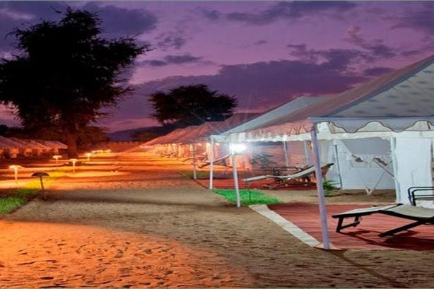 External view of the tents on the beach of  Campo Tendato Allahabad in India