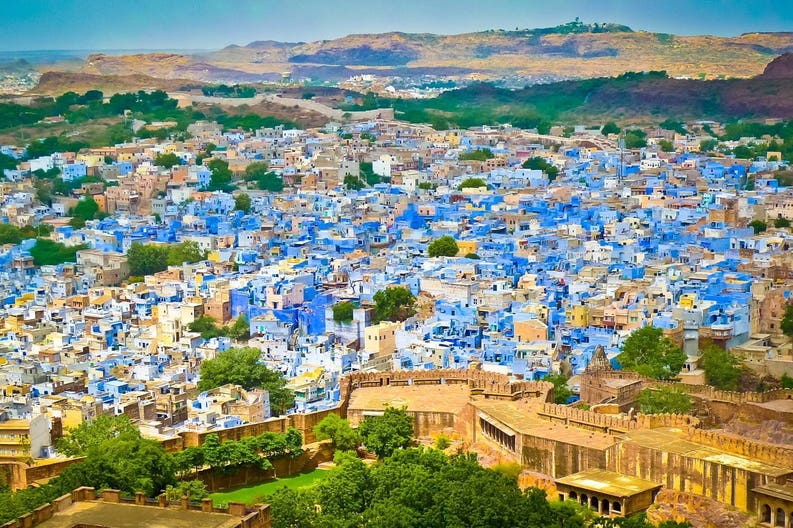 india-rajasthan-view-of-jodhpur-the-blue-city-from-mehrangarh-fort-132178997
