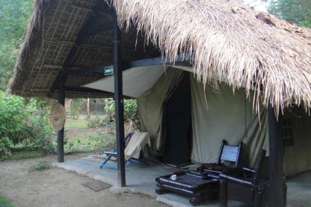 External view of the cottages of the Nameri Eco Camp in the Nameri National Park in India