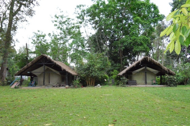 External view of the cottages of the Nameri Eco Camp in the Nameri National Park in India