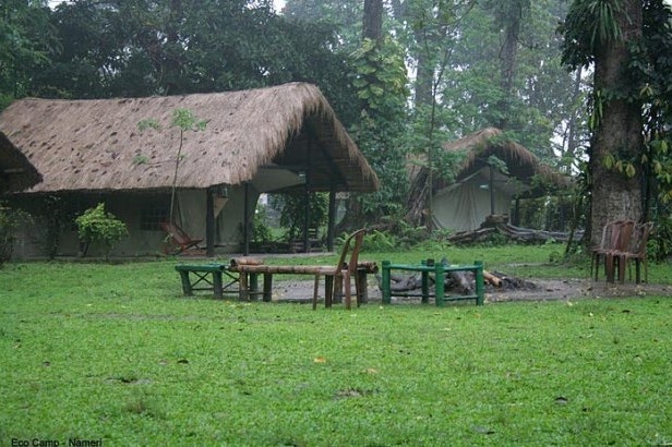 External view of the cottages of the Nameri Eco Camp in the Nameri National Park in India