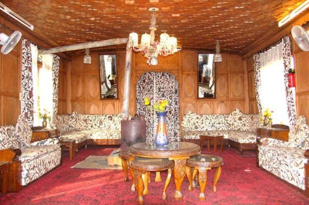 Living room on a Houseboat Kashmir in Srinagar in India