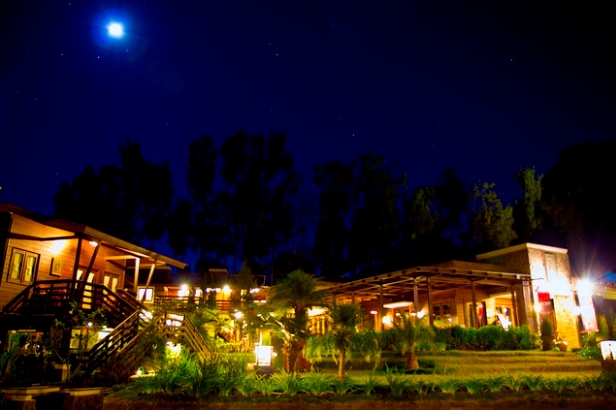 External view at night of the Java Banana Hotel on the Mount Bromo in Indonesia