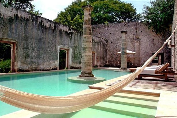 Outdoor swimming pool of the Hacienda Uayamon in Mexico