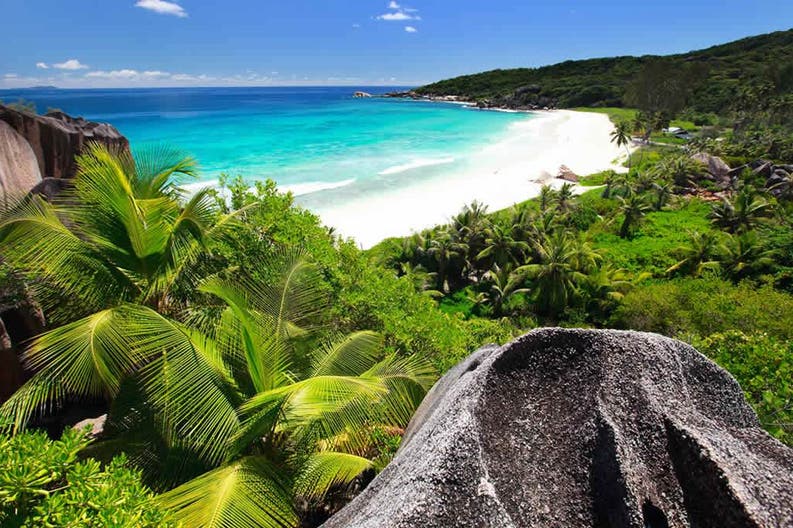 Panorama of La Digue beach in Seychelles